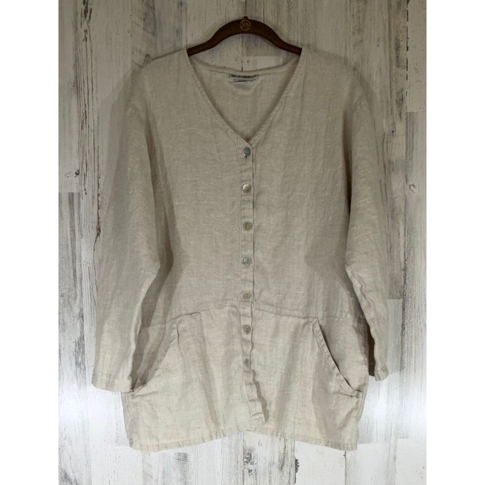 Sunbelt Nubby Linen Tunic Small Beige Button Front V-Neck Pockets‎ Minimalist